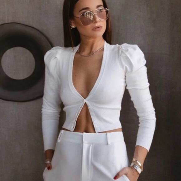 DANIELLE BERNSTEIN Puff‎ Sleeve Cropped Cardigan Ivory White Size 3X NEW - Picture 2 of 13